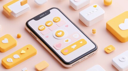 Poster - Mobile phone surrounded by chat bubbles, emojis, and notification icons indicating social interaction