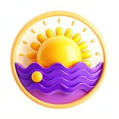 Poster - A playful design featuring a sun rising over wavy purple and yellow ocean waves in a round shape.