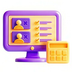 Fototapete - A colorful 3D computer monitor displaying user profiles and a calculator, showcasing modern design elements.