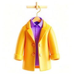 Poster - A bright yellow coat hanging on a wooden hanger, with a purple shirt underneath, showcasing a playful and modern fashion design.