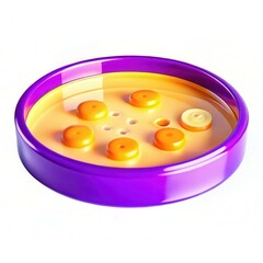 Poster - A colorful button or disc with various circular shapes in a purple container, showcasing bright yellow and orange hues.