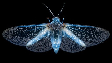 Poster - Close up macro shot of glowing insect with detailed bioluminescence on wings and body isolated on black background natural light emitter