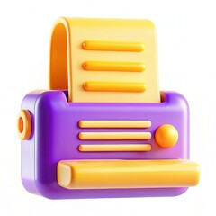 Fototapete - A colorful retro printer with a purple body and yellow accents, featuring a paper roll emerging from it.