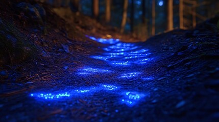 Poster - Close up of bioluminescent beetles glowing along forest trail creating a soft light that contrasts with the surrounding darkness