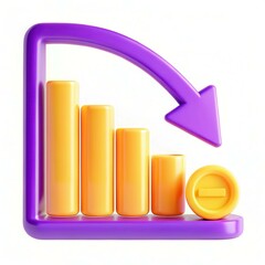 Fototapete - A colorful 3D graph showing a downward trend with bars and an arrow pointing downwards, emphasizing a decrease in value.