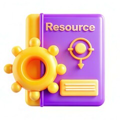 Fototapete - A colorful 3D book icon titled 'Resource' with a gear symbol, featuring a purple cover and yellow accents.