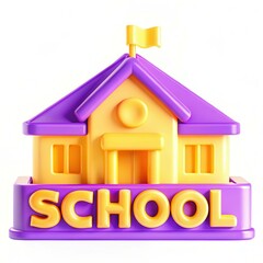 Fototapete - A colorful and modern 3D illustration of a school building with vibrant yellow and purple colors, featuring a flag on top.