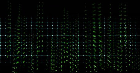 Poster - Neon ECG waveform pulsing across digital grid, showing falling binary digits and glowing nodes