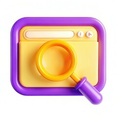 Fototapete - A colorful 3D rendering of a magnifying glass over a yellow browser interface with a purple border.
