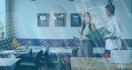 Poster - Colleagues exchanging ideas in business lounge, while holographic data charts float across devices