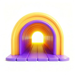 Poster - A colorful, modern tunnel made of curved plastic in yellow and purple, featuring a bright light source at the end.