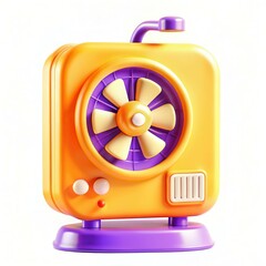 Fototapete - A vibrant 3D model of a retro-styled fan featuring yellow and purple colors with a visible fan blade.