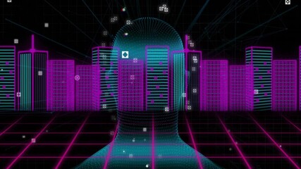 Poster - Engineer navigating neon technology grid, with dotted cyan head silhouette and floating data nodes