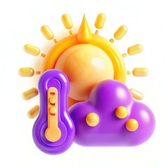 Fototapete - A colorful weather icon featuring a sun, a purple cloud, and a thermometer, all in a 3D design.