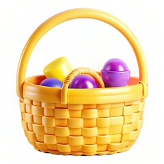 Poster - A bright yellow basket filled with colorful plastic balls in purple, yellow, and blue against a white background.