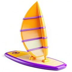 Poster - A vibrant, colorful toy windsurfing board with a bright yellow and purple sail against a white background.