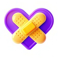 Poster - A purple and yellow heart-shaped design with a band-aid in the center, creating a playful and modern aesthetic.