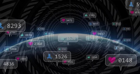Poster - Planet horizon glowing while floating notification icons swirling around orbit in 3D render