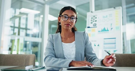 Poster - Business woman, face and consultation with video call for online training workshop at office. Portrait, female person or analyst taking notes in POV for virtual discussion or webinar at workplace