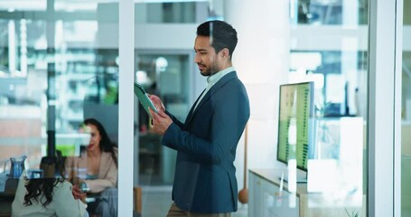 Fototapete - Businessman, meeting and tablet with research for analytics, corporate performance or review at office. Man, analyst or employee working with technology for company data, statistics or analysis