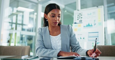Aufkleber - Business woman, face and writing with video call in book for online conference or workshop at office. Portrait, female person or analyst taking notes in POV for virtual chat or webinar at workplace