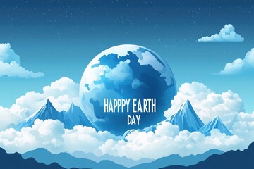 illustration of a large blue earth floating above snow-capped mountains with clouds and a starry sky