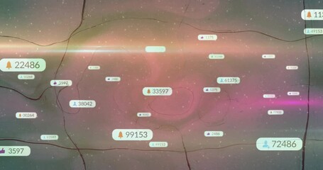 Poster - Notification bell badge floating center in cosmic grid interface, with glowing user and like icons