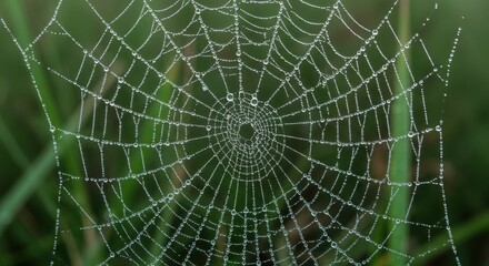 Spiderweb covered in dew representing nature's intricacy and morning freshness, with detailed webbing