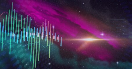 Poster - 3d data visualization animating in nebula scene, showing translucent bars and curved line graphs