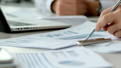 Poster - Business Professional Analyzing Data Reports with Laptop and Papers