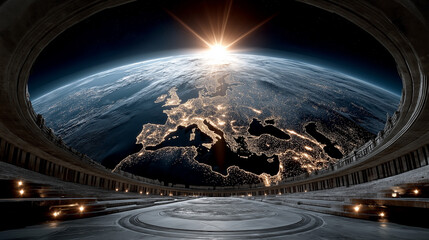 Wall Mural - earth and innovation: a futuristic interior frames a breathtaking view of earth from space, illumina