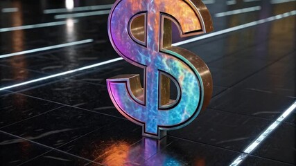 Poster - A dollar sign with iridescent colors standing on a glossy black floor with neon lights above it