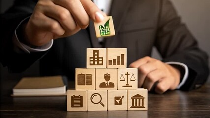 Poster - Man stacks wooden blocks with business icons on a table in a suit jacket and a book is nearby