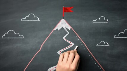 Poster - Hand drawing mountain with flag on chalkboard with clouds and a winding road to the top
