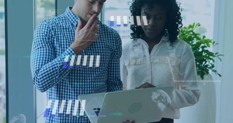 Poster - Male analyst and female lead reviewing business data in office, visualizing charts and map icons