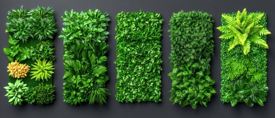 Poster - Various lush green plants arranged in vertical panels create a vibrant and refreshing garden display wall.