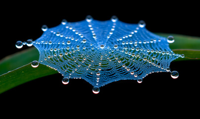 A stunning close-up of a spiderweb glistening with morning dew, its intricate design highlighted by the water droplets.