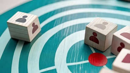 Poster - Wooden blocks with person icons on a target with a red center on a blue and white background surface