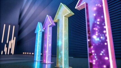 Poster - Five colorful translucent arrows pointing upwards on a reflective surface in a blue room setup
