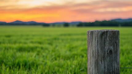Poster - Rustic wooden fence post stands in lush green field at sunset