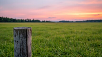 Poster - Rustic wooden stump stands in lush green field at sunset
