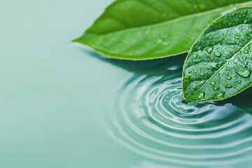 Poster - Green leaves touching calm water surface with ripples