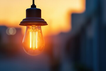Poster - Light bulb shining at sunset: symbol of innovation and hope