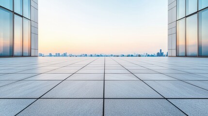 Fototapete - Modern urban plaza showcasing sleek tiles and city skyline at sunset