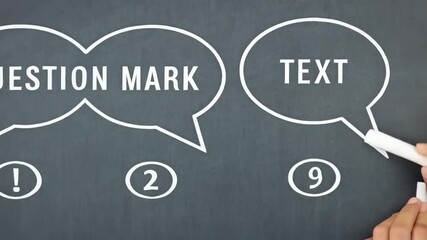 Poster - Hands writing question mark and text in speech bubbles on chalkboard with chalk pieces nearby