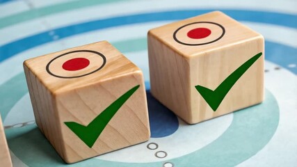 Poster - Three wooden blocks with checkmarks and target symbols on a blue concentric circle background