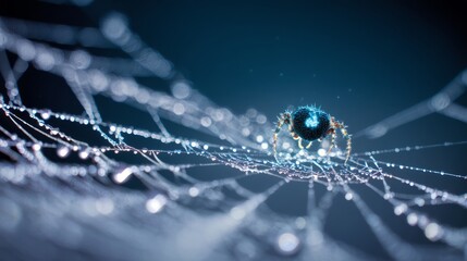 A close-up of the center web in a spider's body, the center of its belly is a blue light