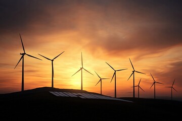 Aufkleber - Wind turbines and solar panels generating clean energy at sunset
