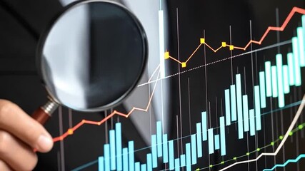Aufkleber - Man in suit analyzing stock market chart with magnifying glass for financial investment strategy