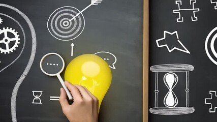 Poster - Chalkboard drawing of head with gears lightbulb and hand holding magnifying glass concept art